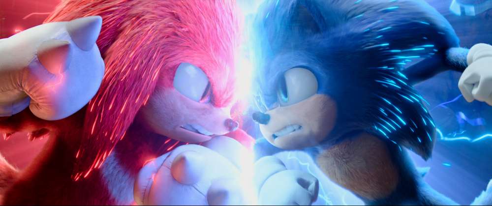 Knuckles (Idris Elba) and Sonic (Ben Schwartz) in Sonic The Hedgehog 2 from Paramount Pictures and Sega.