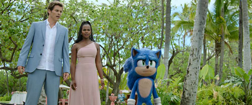 James Marsden, Tika Sumpter and Sonic (Ben Schwartz) in SONIC THE HEDGEHOG 2 from Paramount Pictures and Sega. Photo Credit: Courtesy Paramount Pictures and Sega of America.